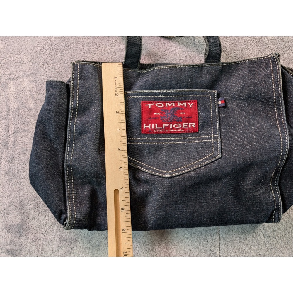 Tommy Hilfiger Denim Tote Bag Dark Wash Red Logo Patch Small Handbag - Picture 3 of 6